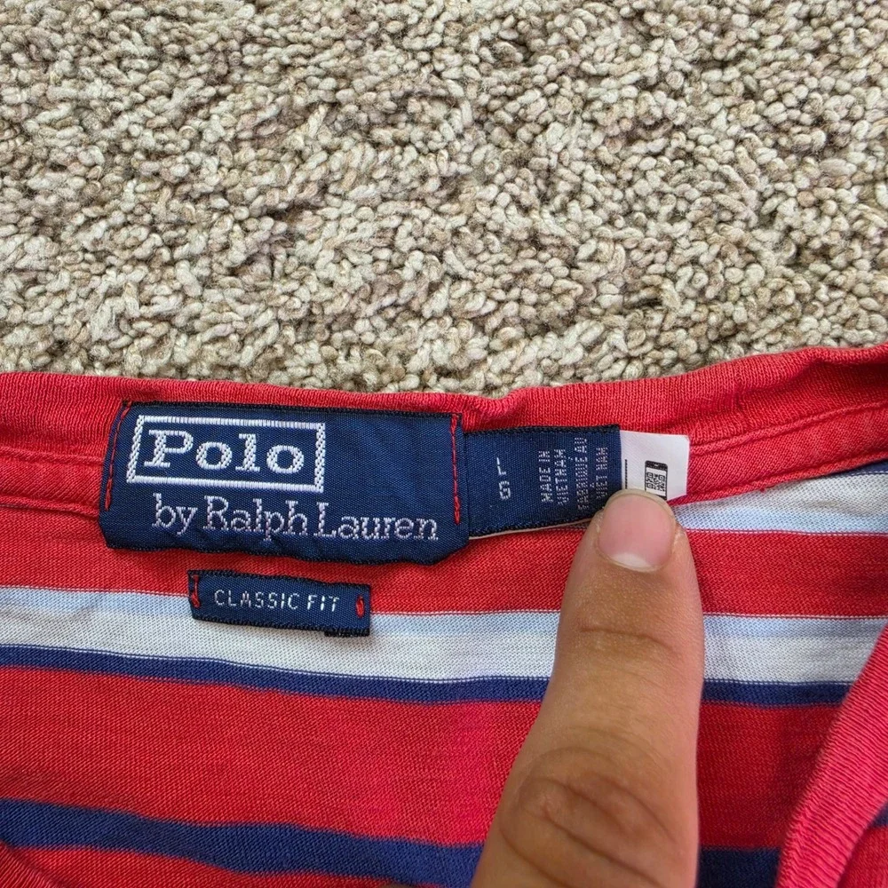 Polo Ralph Lauren Shirt Mens Large Red Navy Blue Classic Fit Striped Pocket